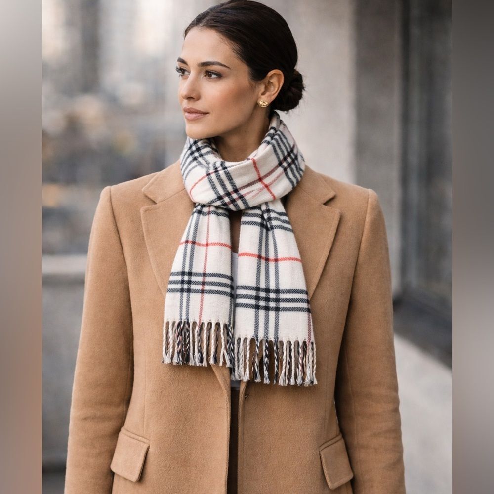 Royal Rossi 100% Cashmere Plaid Scarf Ivory Black Red Fringe